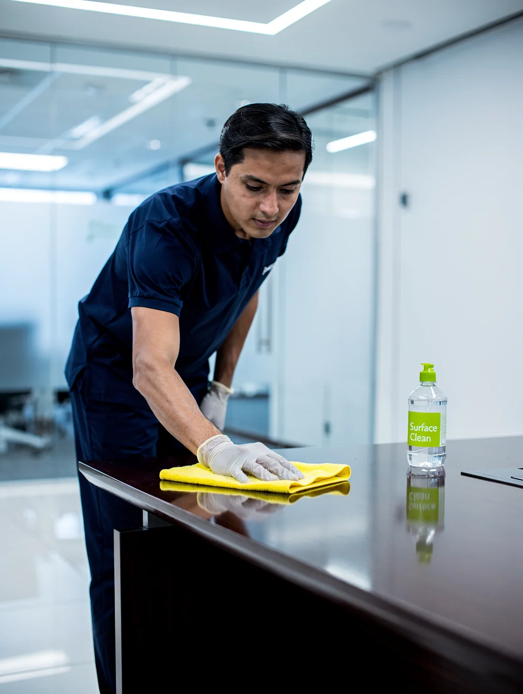 Professional cleaning staff member carefully sanitizing a modern office desk in Delhi