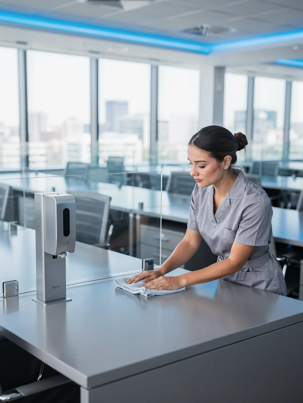 Staff performing routine dusting and desk cleaning in a corporate office