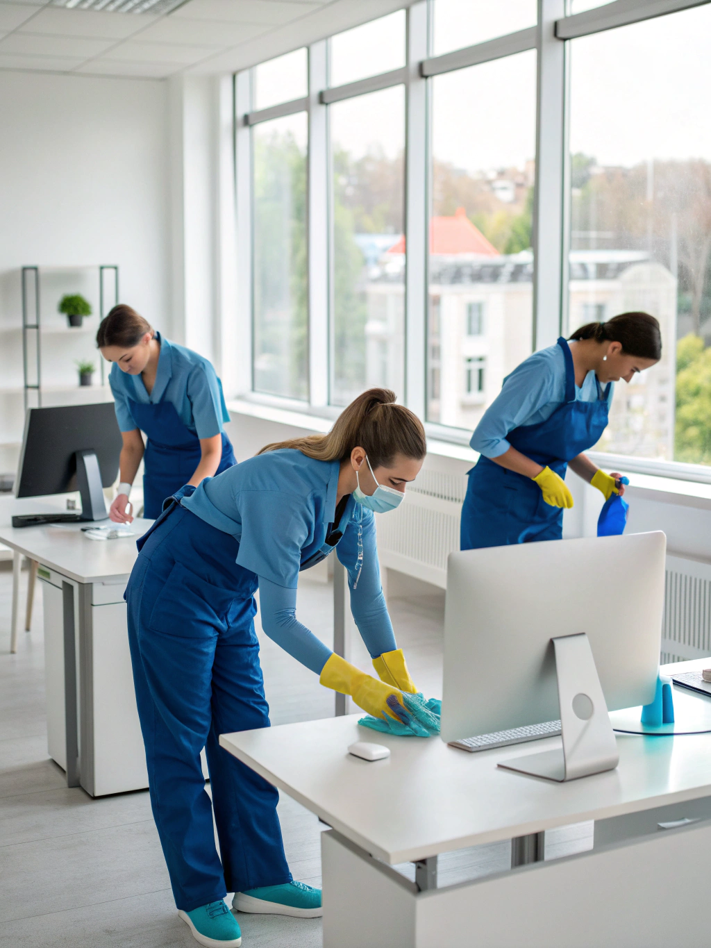 Professional cleaning team sanitizing a modern office workspace